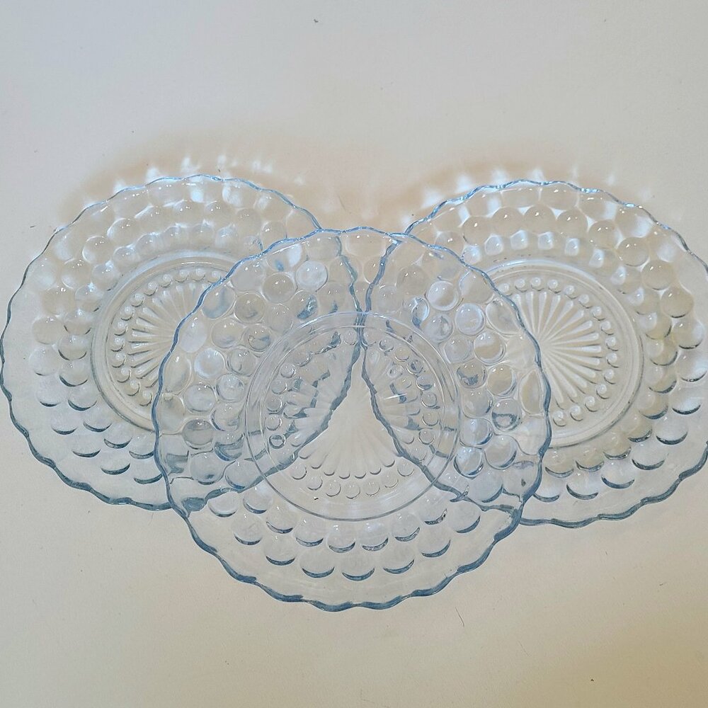 3 vintage Anchor Hocking 'Bubble'' pattern blue color glass desert plates.